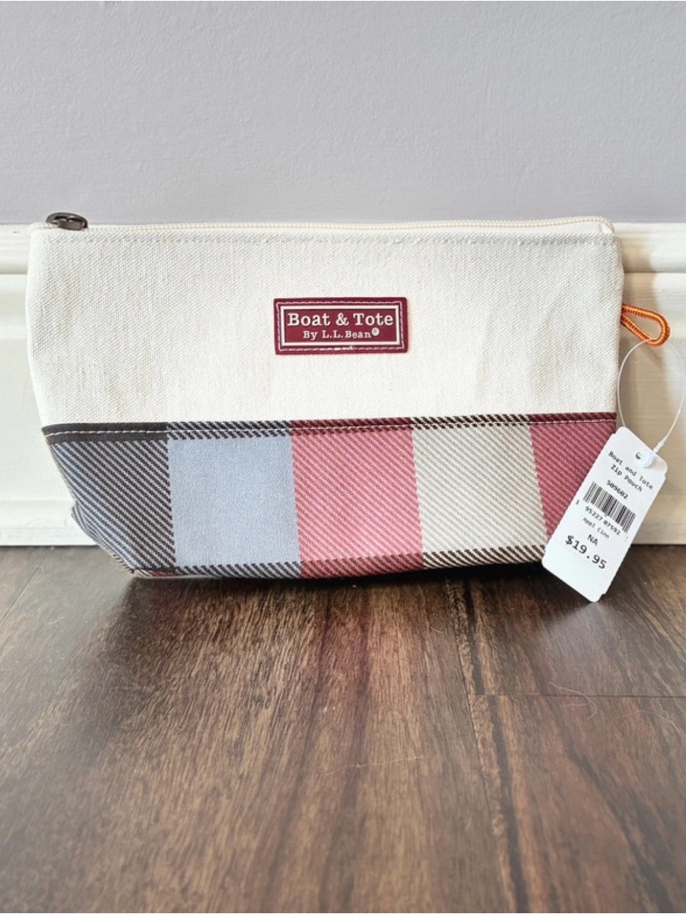L.L. Bean Boat & Tote Canvas Zip Pouch - Cream with Blue & Red Plaid